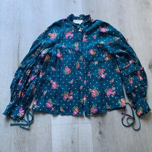 by Anthropologie Wellesley Ruffled Ballon Sleeve Floral Polka Dot Blouse - SZ L